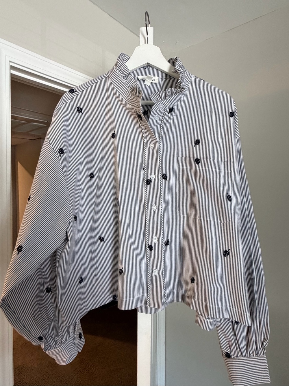 Striped Black & White Embroidered Button-Down Shirt
